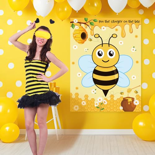 Faccito Bee Party Decorations Pin The Stinger on The Bee Games Honeycomb Poster with 24 Stickers Blindfold Pin Games Set for Honeybee Birthday Party Decorations Indoor Outdoor Activities Supplies - style: Bee