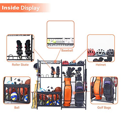 WALMANN Garage Sports Equipment Organizer, Golf Bag Stand for Garage Ball Storage Rack Indoor/Outdoor Kids Toys Storage Organizer Bins, Ball Holder with Baskets