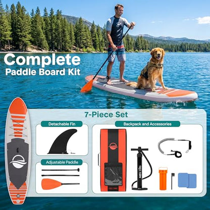 SereneLife 10’6" Inflatable Stand Up Paddle Board with Premium SUP Accessories - Wide Stable Design with Non-Slip EVA Deck Pad, for Youth and Adults, 350 lbs. Capacity - color: Orange