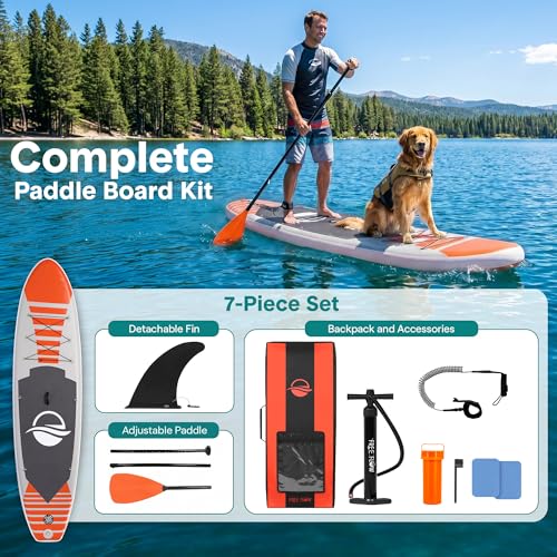 SereneLife 10’6” Inflatable Stand Up Paddle Board with Premium SUP Accessories - 32” Wide Stable Design with Non-Slip EVA Deck Pad, for Youth and Adults, 350 lbs. Capacity - color: Orange
