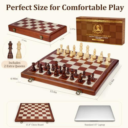 15.4" Magnetic Wooden Chess Set for Adults & Kids, Handcrafted Foldable Chess Board with Individual Storage Slots, 2 Extra Queens, Portable Travel Chess Set, Home & Office Decor, Gift for Chess Lover