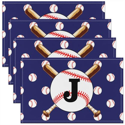 Baseball Place Mats 12x18 Inch Set of 4 Black Initial Letter J Table Mats for Boys Teens Adults Baseball Bat Game Sports Kitchen Mats for Dining Table - color: Blue J