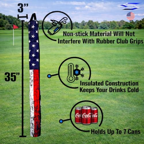 Polar Caddy Insulated Golf Bag Cooler Sleeve – Discreet 7 Can Beverage Chiller Full Length Zipper Adjustable Shoulder Strap Hidden Golf Cooler Bag Fits Most Cart Standard Bags - color: Distressed Flag