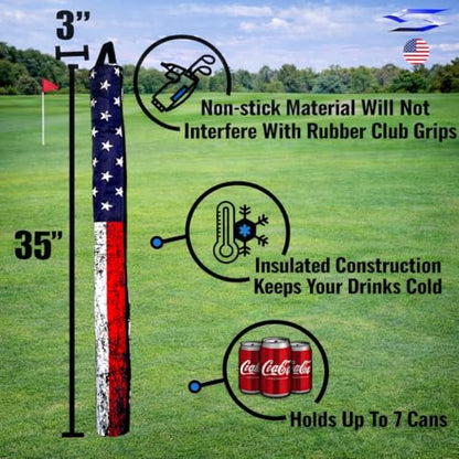 Polar Caddy Insulated Golf Bag Cooler Sleeve – Discreet 7 Can Beverage Chiller Full Length Zipper Adjustable Shoulder Strap Hidden Golf Cooler Bag Fits Most Cart Standard Bags - color: Distressed Flag