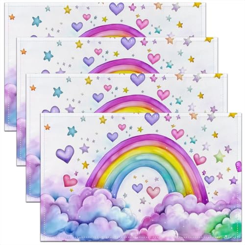 Erosebridal Rainbow Placemats 12X18 Inch Set of 4 for Kids Child Girls,Beautiful Clouds Waterproof Placemats,Geometric Colorful Love Heart Stars Place Mats for Dining Patio Table Kitchen Decor - color: Purple Cream Pink Yellow