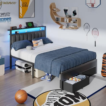 Furnulem Full Size Bed Frame with Charging Station and LED Lights, Grey Upholstered Headboard with Shelves, Metal Platform Bed with 2 Under-Bed Storage (Fabric Drawer on Wheels), No Box Spring Needed - size: Full