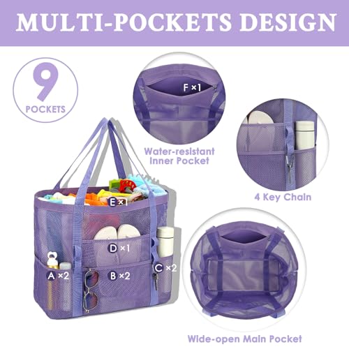 GYEUKHAM Mesh Beach Bag for Women, Sand-Resistant Pool Tote, 9 Pockets (1 Inner Zip), Foldable Family Travel Essentials - color: L-purple