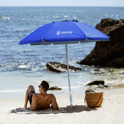 AMMSUN 6.5ft twice folded Portable beach umbrella with sand anchor windproof, Push Button Tilt and Air vent UPF 50+ Protection Fits in a large Suitcase for Patio Garden Beach Pool Backyard Blue - color: 6.5ft Blue