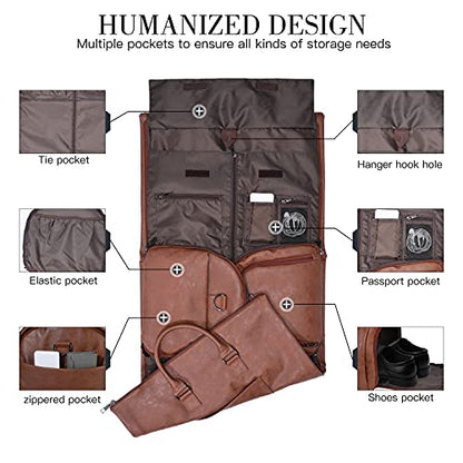 seyfocnia Convertible Travel Garment Bag,Carry on Garment Duffel Bag for Men Women - 2 in 1 Hanging Suitcase Suit Business Travel Bag - color: Brown-2pockets-Leather