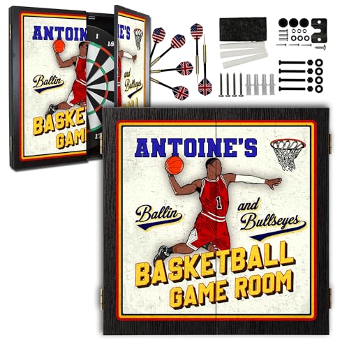 Personalized Dart Board Cabinet Set with 6 Steel Tip Darts, Paper Dartboard, Chalk & Eraser (21.5 x 21.5 x 2.75) - Man Cave Dart Boards for Adults - style: Basketball