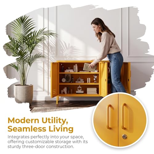 32" Wide 3-Door Lockable Metal Storage Cabinet with Accent Cabinet Locker, Heavy Duty Home Tool Cabinet, 2 Removable Shelves & Easy Assembly, for Home, Office, Entryway and Hallway Yellow - color: Mustard, style: Cabinet-32"H-WL