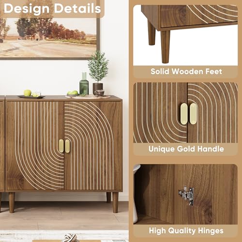 Smuxee Walnut Sideboard Cabinet, Freestanding Buffet Cabinet with Line Groove Design, Wood Storage Cabinet with Adjustable Shelf for Living Room, Entryway, Hallway - color: Walnut
