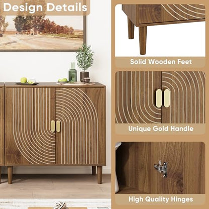 Smuxee Walnut Sideboard Cabinet, Freestanding Buffet Cabinet with Line Groove Design, Wood Storage Cabinet with Adjustable Shelf for Living Room, Entryway, Hallway - color: Walnut