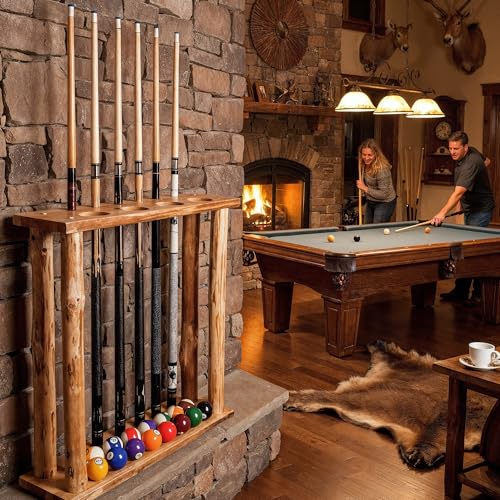 Rush Creek Creations Rustic Pine Billiard Pool Cue Rack for up to 6 Cues and 16 Billiard Balls, Floor Standing Pool Stick Holder with Cup Holders