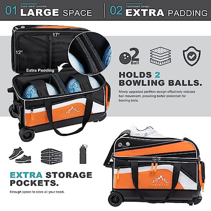 GoHimal Double Roller Bowling Bag, Shoe Compartment, Upgraded Fabric | Fits US men's size 15 shoes,multi pockets,retractable handle extends to 40",smooth-rolling wheels,lightweight design - color: Black-Orange