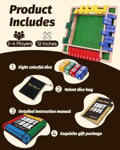 12" Upgraded Shut The Box Game, Math Dice Board Game for Family Night Classroom Travel, Wooden Table for Group Kid Adult Senior, Travel Party Bar, Easy Quick and Fun, 2-4 Players - size: 12in