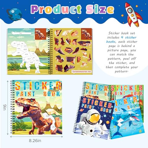 homicozy 3PCS Sticker Paint Books for Kids Ages 4-10,Dinosaur Astronaut Ocean Animals Designs Paint by Stickers,Sticker by Numbers,Party Birthday Gifts for Boys 4-10,Create 30 Pictures at a Time - style: Style2-3PCS