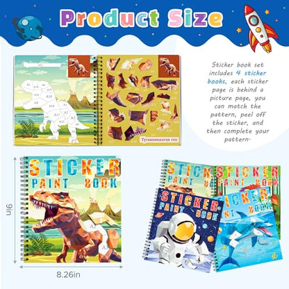 homicozy 3PCS Sticker Paint Books for Kids Ages 4-10,Dinosaur Astronaut Ocean Animals Designs Paint by Stickers,Sticker by Numbers,Party Birthday Gifts for Boys 4-10,Create 30 Pictures at a Time - style: Style2-3PCS