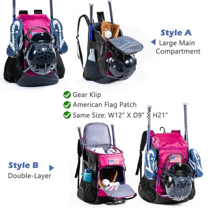 | Baseball Bag Softball Bat Bag, Double-layer Baseball Backpack Adult with Gear Klip To Hold Baseball Glove, Baseball Essential Gear, Youth Baseball Bag for Boys, Girls, Baseball Accessories - color: Pink
