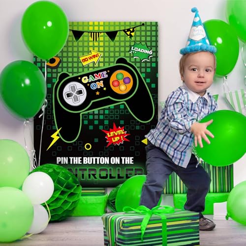 WERNNSAI Pin The Button on The Game - Gamer Party Decorations Birthday Games for Kids Party 21" x 28" Game Poster with 24 Sticker for Boys Gaming Night Birthday Wall Home Room Decorations - style: Video Game A