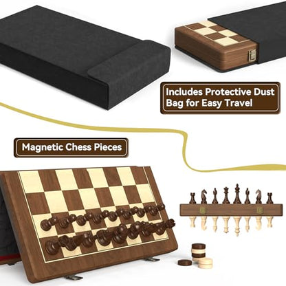 Premium Natural Walnut 15" Magnetic Wooden Folding Chess & Checkers Set- 2 in 1 Board Game with 3" King Staunton Pieces and 2 Extra Queens, Checkers, and Dust-Proof Storage Bag (Black) - color: Black