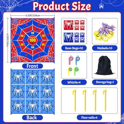 2-in-1 Giant Tic Tac Toe Game Bean Bag Toss Outdoor Games, 4.5FT Spider Tic Tac Toe Game with 10 Pcs Bean Bags, Outside Games for Adults and Family Lawn Yard Carnival Field Day Camping Party - color: Red Blue