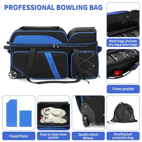 BOSSTIN 3 Ball Bowling Bags with Wheels, Secure Adhesive Fixed Ball Cup & Shoe Compartment, Bowling Ball Bag 3 Ball Roller with Multi-Pockets - color: Blue