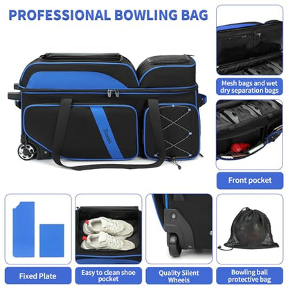 BOSSTIN 3 Ball Bowling Bags with Wheels, Secure Adhesive Fixed Ball Cup & Shoe Compartment, Bowling Ball Bag 3 Ball Roller with Multi-Pockets - color: Blue