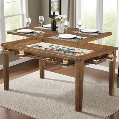 Haddockway 63" ×39“ Board Game Table with Removable Top, Solid Wood Dining/Gaming Table for 4-6 Players with Play Mat, 6 Detachable Cup Holders & 6 Hobby Trays (Light Walnut) - color: Light Walnut