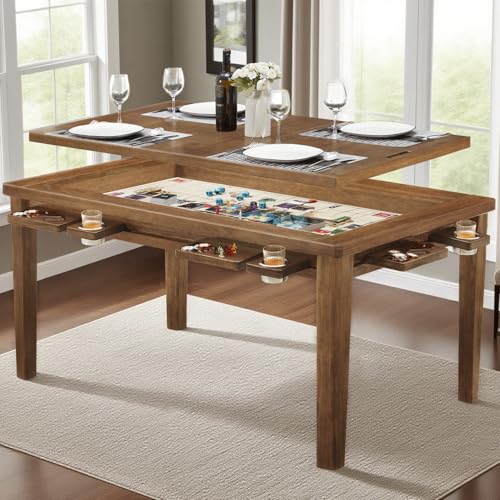 Haddockway 63" ×39“ Board Game Table with Removable Top, Solid Wood Dining/Gaming Table for 4-6 Players with Play Mat, 6 Detachable Cup Holders & 6 Hobby Trays (Light Walnut) - color: Light Walnut