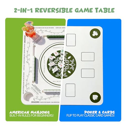 Floating Mahjong Table for Pool with 4 Cup Holders, 31.5" Pool Mahjong Set, Double-Sided Game Table for Hot Tub, Beach Party, Includes 4 Shuffle Cards - color: Green Printed F