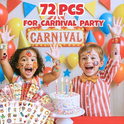Cherisnowy 72PCS Carnival Party Set 48PCS Temporary Tattoos & 24PCS Slap Bracelets Fun Circus Themed Birthday Supplies, Baby Shower Gifts, Classroom Rewards & Party Decor for Kids Boys & Girls