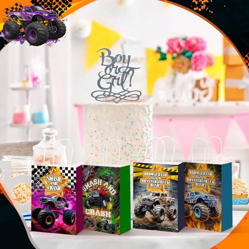Kolldenn 48 Pcs Monster Truck Themed Goodie Bags with Handles Paper Truck Theme Gift Bag Racing Car Party Favors Candy Treat Pouch for Birthday Decorations Baby Shower Supplies - style: Truck