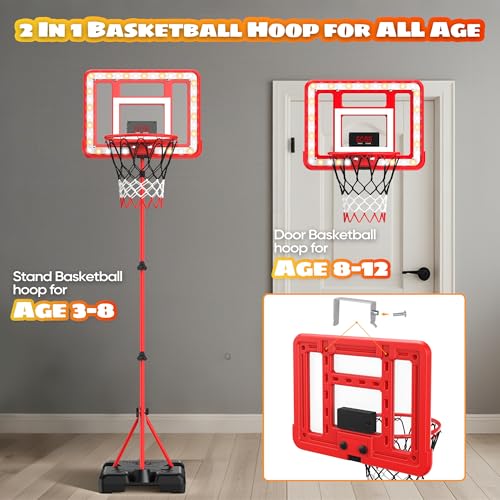 Kids Indoor Basketball Hoop with Scoreboard & Timer,Toddler Adjustable Height Basketball Goal Toy for Outdoor Backyard,Sports Game Play - style: Red Stand & Door