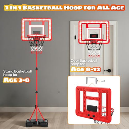 Kids Indoor Basketball Hoop with Scoreboard & Timer,Toddler Adjustable Height Basketball Goal Toy for Outdoor Backyard,Sports Game Play - style: Red Stand & Door