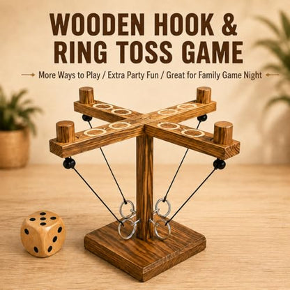 Wooden Ring Toss Game Set with Wooden Dice, Tabletop Hook and Ring Toss Game for Adults, Family Game Night, Party, Bar, Camping, Backyard, Indoor Outdoor Games