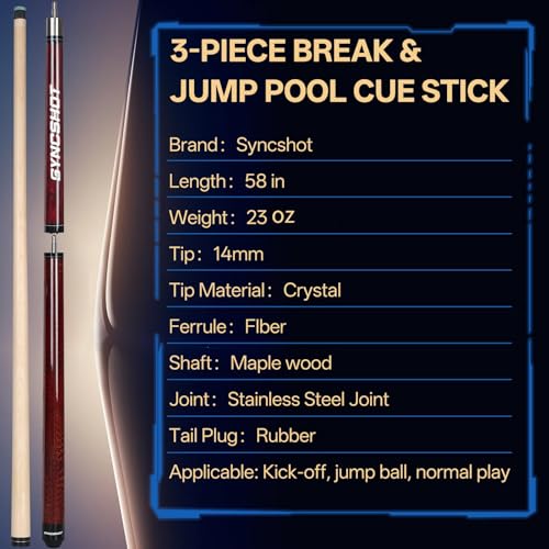 2 in 1 Heavy Break Jump Cue: 3-Piece Break Cue Pool Stick 58 Inch 23oz 14mm Pro Tips Fas-Grade Maple Wood Jump&Break Pool Cue Sticks (Claret, 23~25 oz)