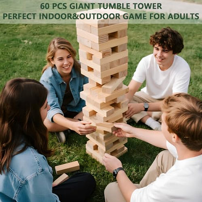 ApudArmis Giant Tumble Tower Stack to Over 5.2Ft, 60 PCS Pine Wooden Stacking Timber Tower,Classic Block Giant Outdoor Indoor Game for Adults, Fun Game at Backyard, Lawn, Party with Family & Friends - color: Burlywood