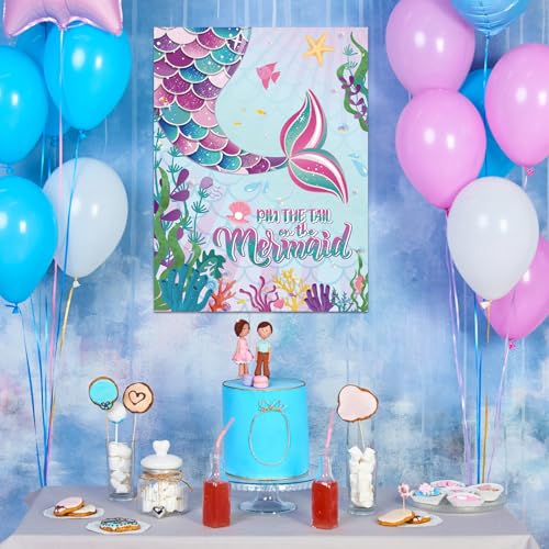 Faccito Stick Tail on The Mermaid Party Game Mermaid Games Set Include 21 x 28 Inch Large Poster 24 Pcs Reusable Tail Stickers Blindfold Ocean Sea Theme Party Supplies Birthday Favors - style: Mermaid