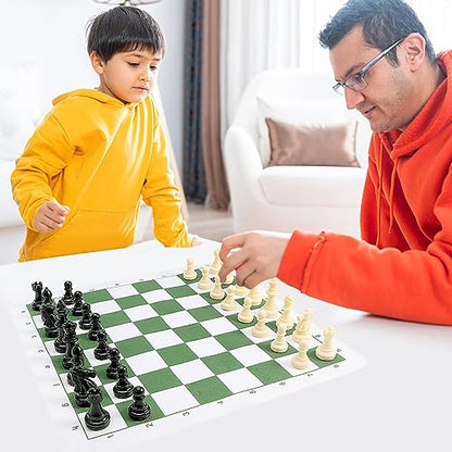 Portable Chess & Checkers Set, 42cm Tournament Chess Mat with Chesses & Storage Bag, PU Leather Tournament Roll Up Chessboard Travel Sets(Color:Green)