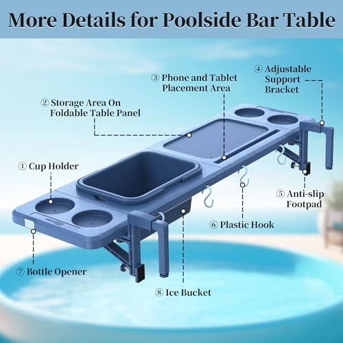 Poolside Bar with Ice Bucket, Poolside Bar Table with Adjustable Support Bracket Fits Above-ground Pools, Swim Up Bars Up to 110lbs, Patio Poolside Table Smart Fold ＆Weather Resistant Stable Tabletop
