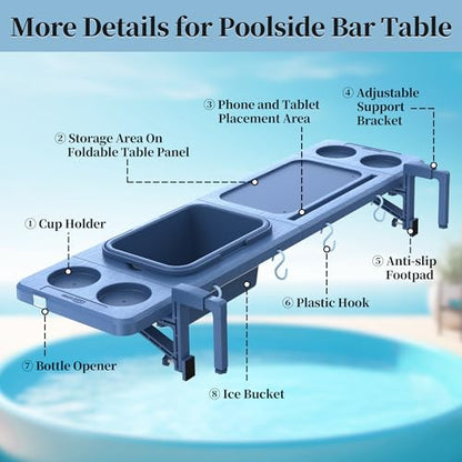 Poolside Bar with Ice Bucket, Poolside Bar Table with Adjustable Support Bracket Fits Above-ground Pools, Swim Up Bars Up to 110lbs, Patio Poolside Table Smart Fold ＆Weather Resistant Stable Tabletop