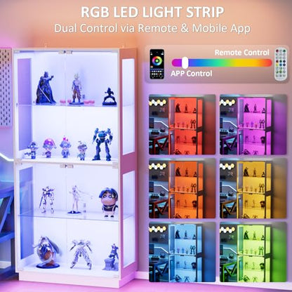 Display Cabinet with Glass Doors 4 Tier Glass Display Case with RGB LED Lights Display Cases for Collectibles Adjustable Shelves Display Case, for Game Room, Living Room, Bedroom, White - color: White