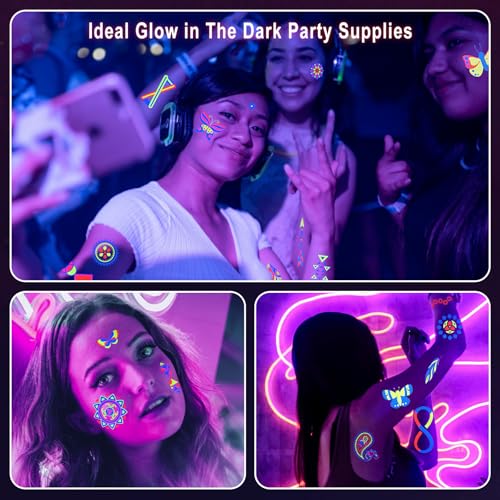 Ozepao 20 Sheets Glow in The Black Light Temporary Tattoos, Glow Party Supplies for Adults and Kids, 160+ Neon UV Glow Fluorescent Designs, Perfect for Neon Raves, Festivals, Birthday Parties and More