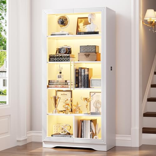 LVSOMT Display Cabinet with Glass Doors and Adjustable Shelves, 65" Tall Bookcase with LED Lights and Human Sensor, 5 Tier Display Case for Collectibles with Storage, Home Office Living Room, White - color: White