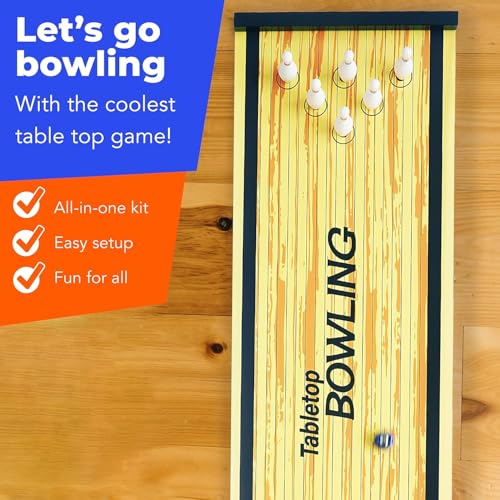 Bowling Game - Indoor Table Games for Whole Family, Kids and Adults - Portable Set w/Lane, 6 Pins, 2 Bowl Bearings - Play at Home Or Traveling