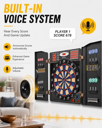 WIN.MAX Electronic Dart Board, Soft Tip Dartboard Cabinet Set for Adults, LED Scoring Dartboard with 38 Games & 211 Variants, Up to 16 Players, 12 Darts+40 Tips, Wall Mount for Bar Game Room Man Cave - style: Silver