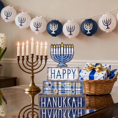DIYDEC 4Pcs Hanukkah Table Decoration Happy Hanukkah Wooden Block Wooden Menorah Decoration Chanukah Table Centerpiece Sign Jewish New Year Decor for Holiday Gifts Tabletop Fireplace Shelf Desk Party - style: Hanukkah
