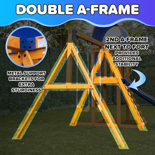 Sportspower Amelia Galaxy Cedar Wooden Swing Set for Night Play with 2 LED Swings, Play Fort with Sandbox, Heavy Duty Double A-Frame, on 6ft LED Slide, Bonus Anchor Kit