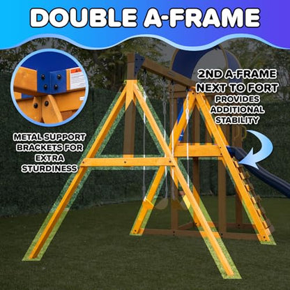 Sportspower Amelia Galaxy Cedar Wooden Swing Set for Night Play with 2 LED Swings, Play Fort with Sandbox, Heavy Duty Double A-Frame, on 6ft LED Slide, Bonus Anchor Kit